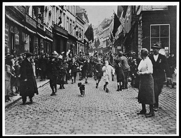 Canadians marching through the streets of Mons, November 11th 1918